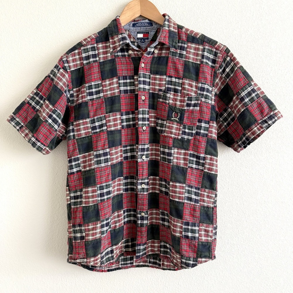 Vintage 90s Tommy Hilfiger Plaid Quilted Button Up Boys XL Cotton Preppy Madras